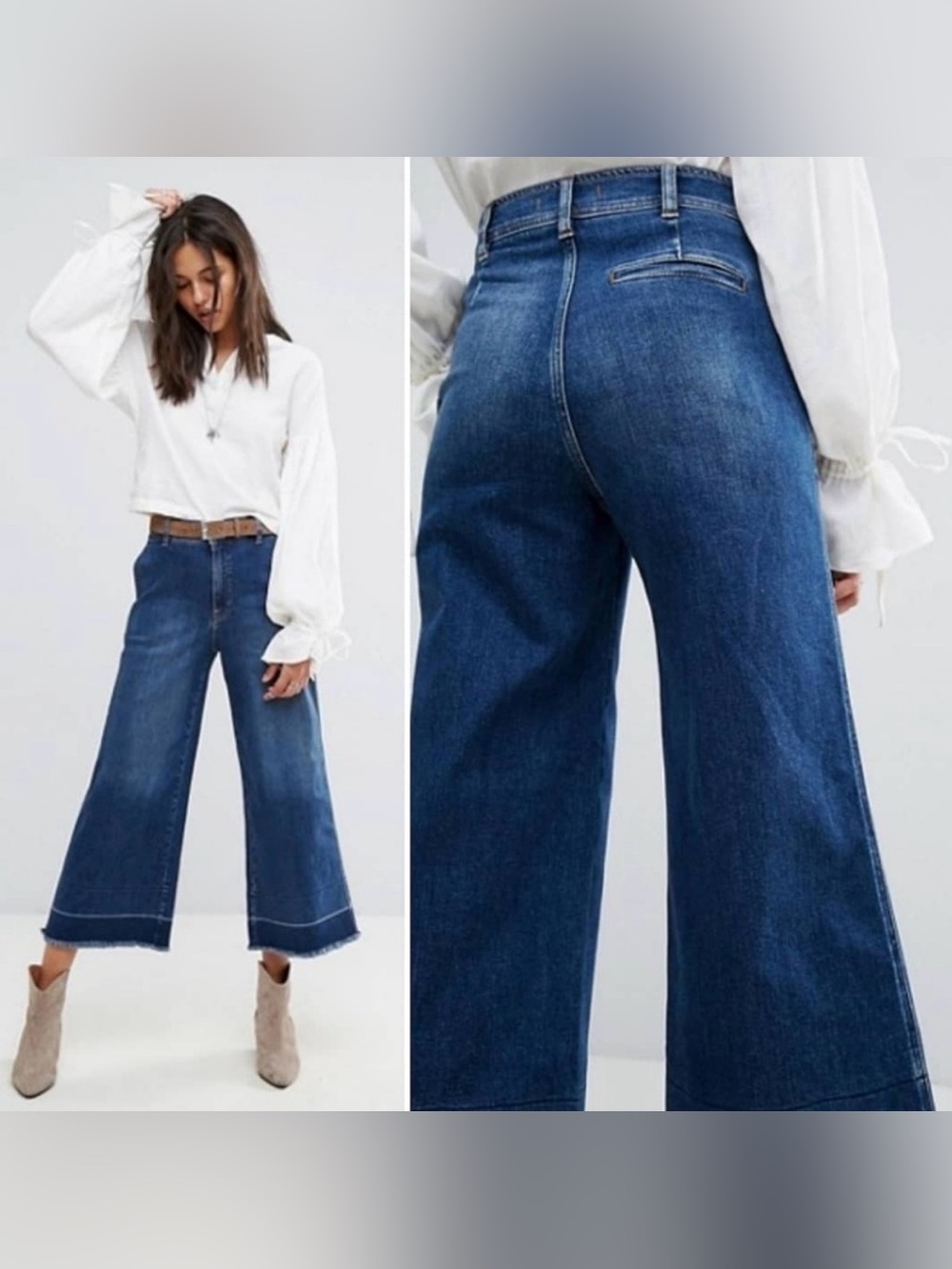 Free People The Vintage A-Line Wide Leg Jeans - Medium Blue Raw Frayed Hem